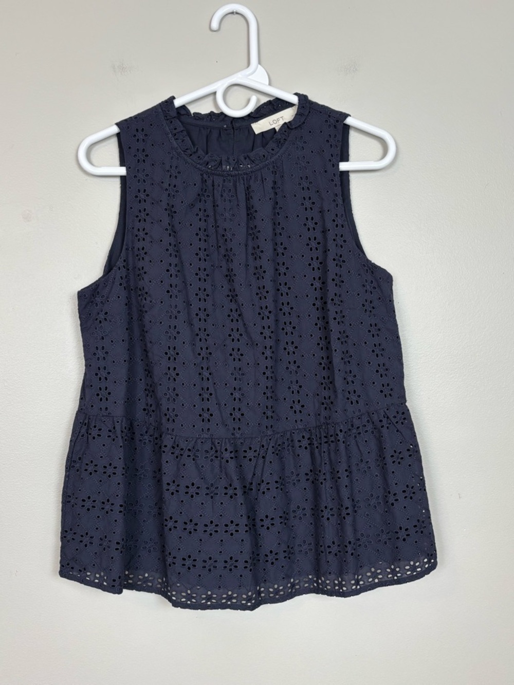 Loft Top Womens Large Petite Blue Eyelet Peplum Lined Ruffle Neck Halter Shell